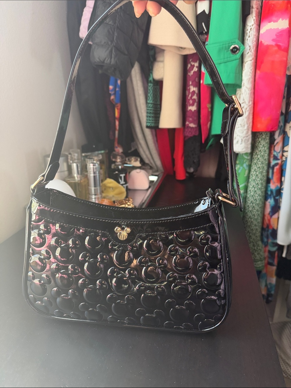 Disney Black Patent Shoulder Bag with Gold Accent